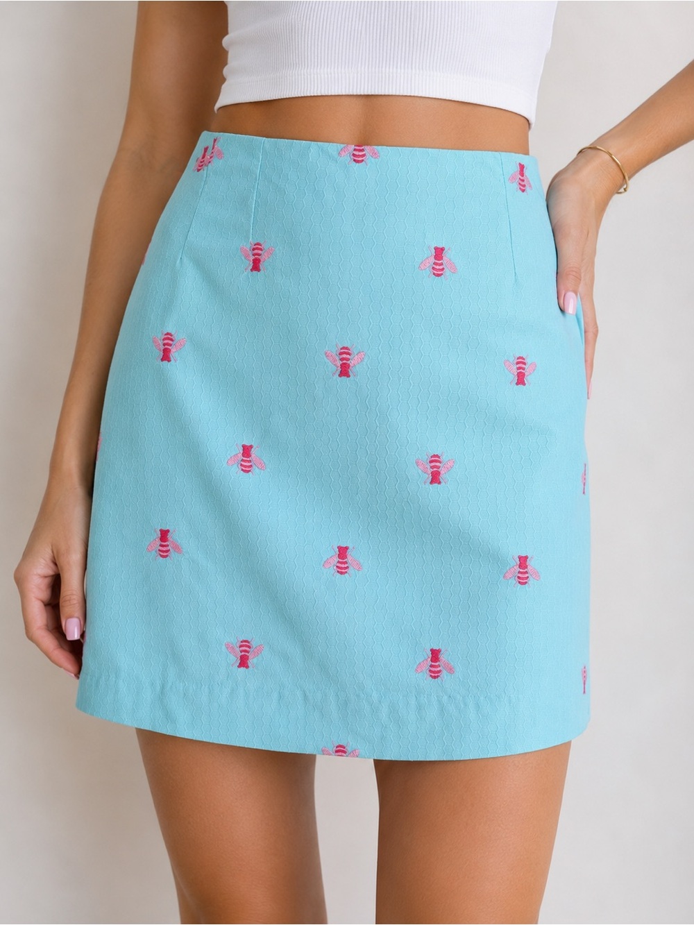 Lilly Pulitzer Y2K Embroidered Bee Size 2 Aqua Blue Mini Skirt Preppy Cotton